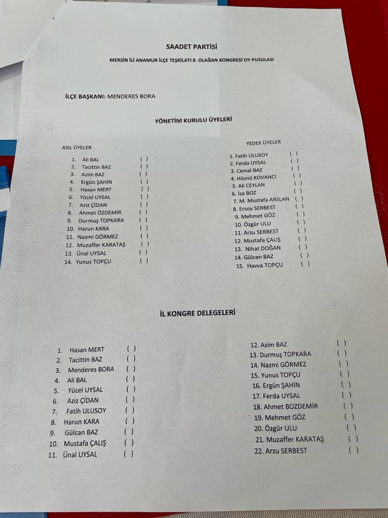 Saadet Partisi Anamur İlçe Başkanı Menderes Bora Seçildi..
