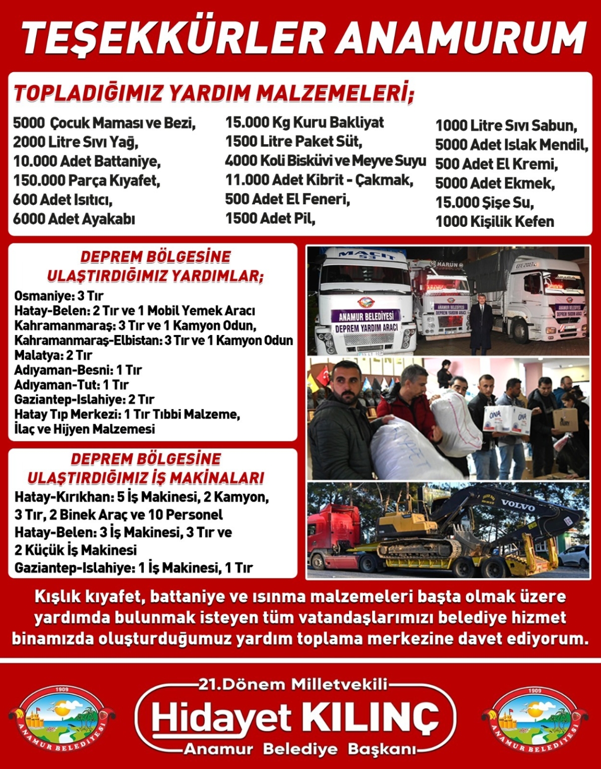 Anamur Belediyesi Deprem Bölgelerine Çıkarma Yaptı